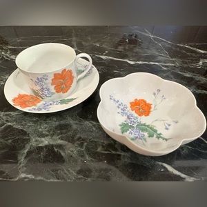 Limoges “Pavot Poppy” Breakfast Flat Cup and Saucer and Medium Melon Bowl